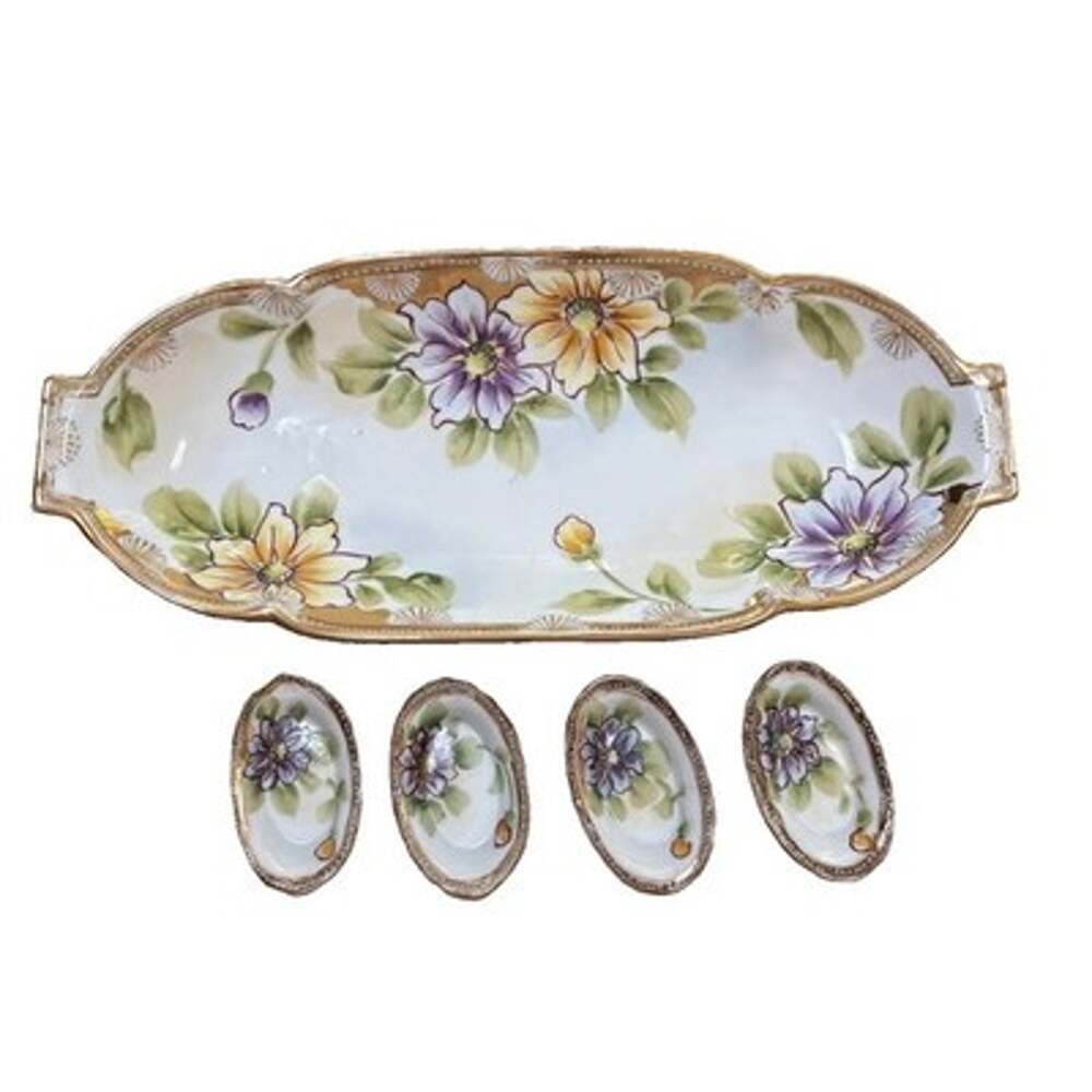 Vintage Nippon Hand Painted Celery Dish & 4 Salt Cellars Floral & Gold Moriage